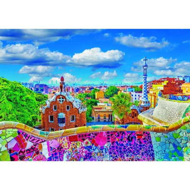 Puzzle CLEMENTONI 1000 pièces représentant une vue colorée du parc Guell à Barcelone avec ses mosaïques caractéristiques