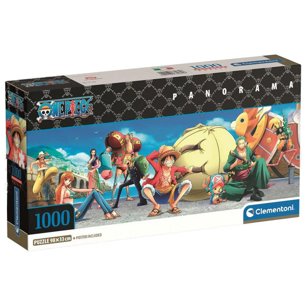 Boîte du puzzle CLEMENTONI One Piece 1000 pièces avec image panoramique et dimensions 98x33 cm visibles.