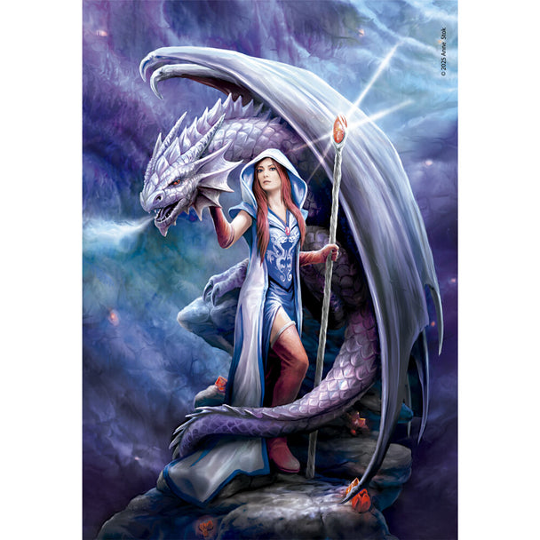 Image du puzzle Anne Stokes Dragon Mage montrant un dragon majestueux dans un décor magique, 1000 pièces assemblées.