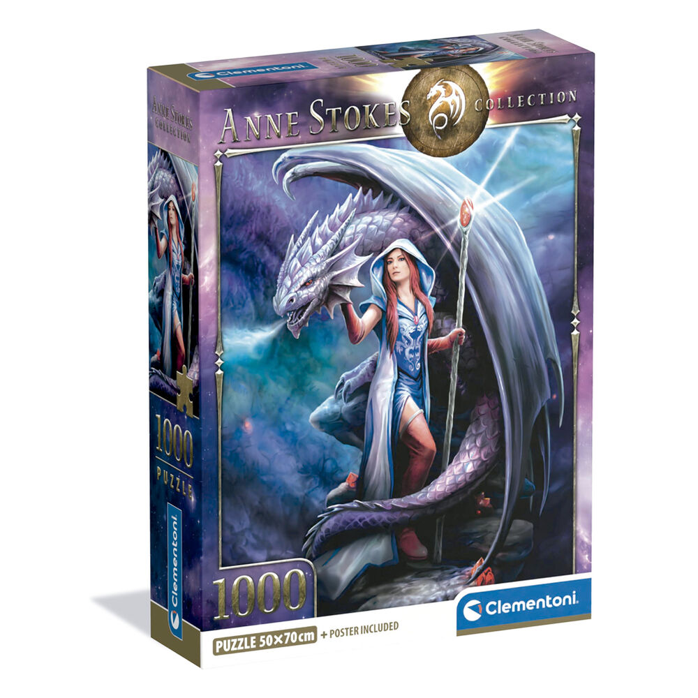 Vue rapprochée des détails du puzzle Anne Stokes Dragon Mage avec couleurs vives et motifs fantastiques sur 70x50 cm.