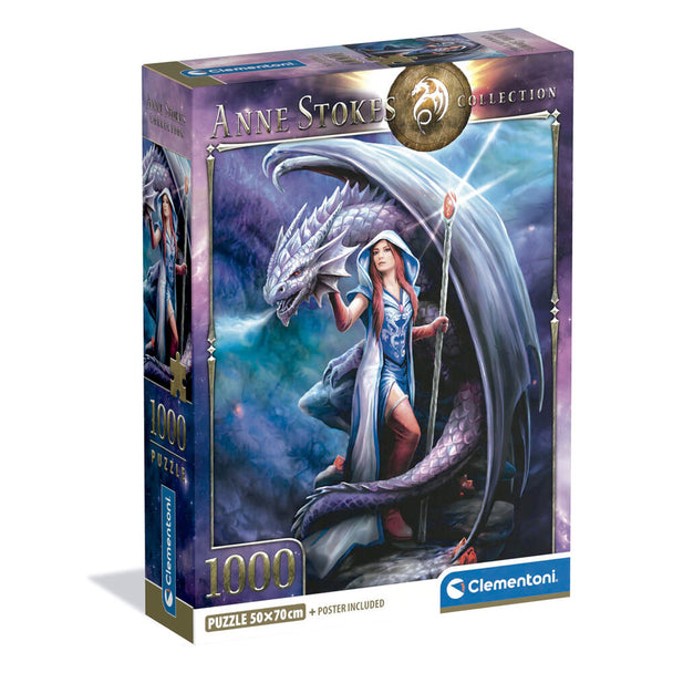 Vue rapprochée des détails du puzzle Anne Stokes Dragon Mage avec couleurs vives et motifs fantastiques sur 70x50 cm.