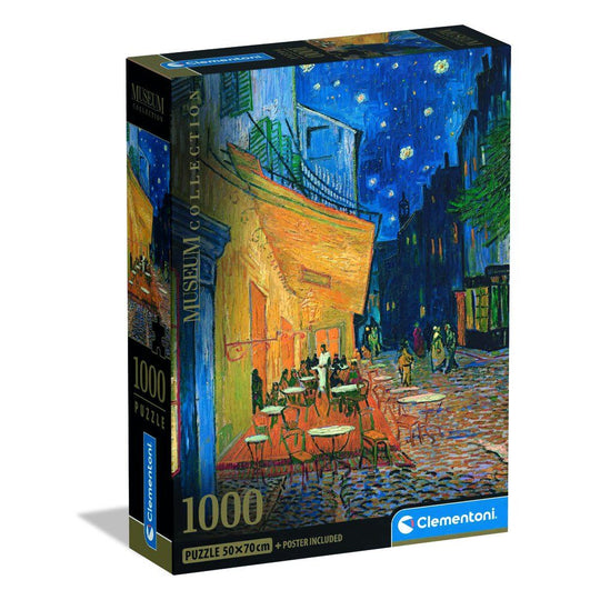 Image du puzzle assemblé montrant la scène nocturne d'un café animé sous les étoiles selon l'œuvre de Van Gogh