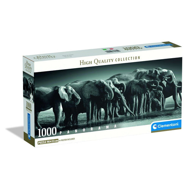 Photo du puzzle assemblé Herd of Giants avec ses dimensions panoramiques de 98x33 cm, mettant en valeur la qualité des pièces et les détails réalistes