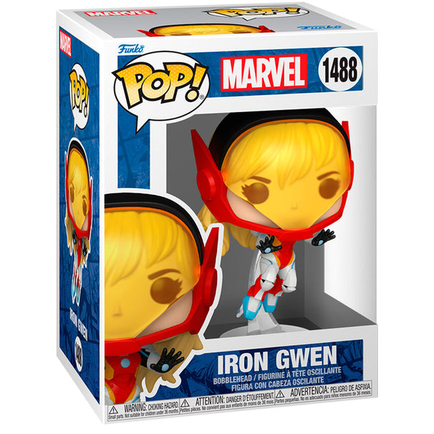 Vue rapprochée de la figurine Funko POP Iron Gwen Marvel avec détails du costume et couleurs vives