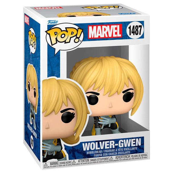 Vue rapprochée de la figurine Funko POP Wolver-Gwen Marvel montrant son design unique et sa boîte collector