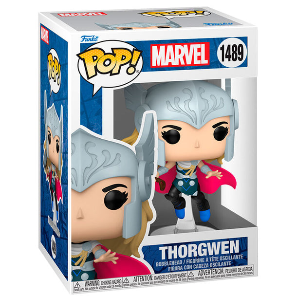 Vue rapprochée de la figurine Funko POP Thorgwen Marvel, détails précis et couleurs vives