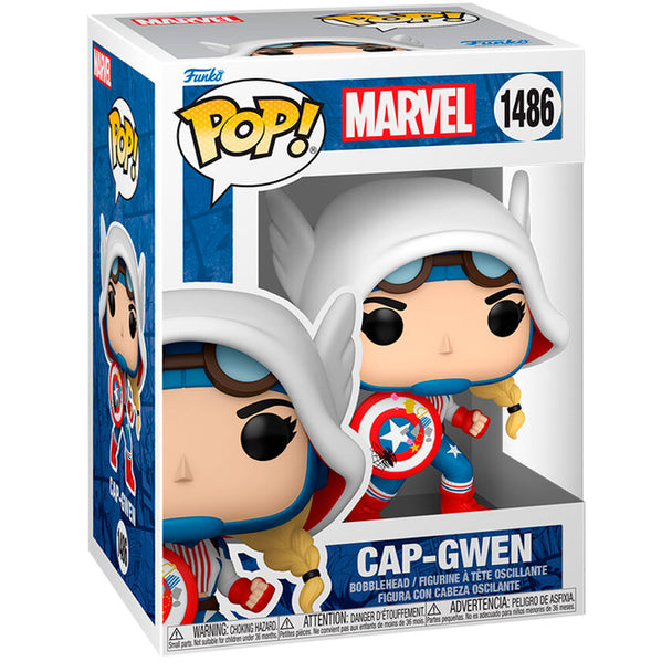 Vue rapprochée de la figurine Funko POP Cap-Gwen avec détails précis et finition soignée
