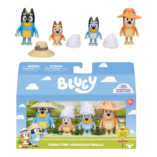 Packaging du pack 4 figurines Bluey FAMOSA avec logo et informations âge