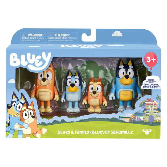 Figurine Bluey numéro 3 du pack FAMOSA, présentation latérale avec accessoires