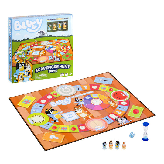 Plateau du jeu Spanish Bluey Chasse au Trésor avec illustrations colorées et zones de jeu variées