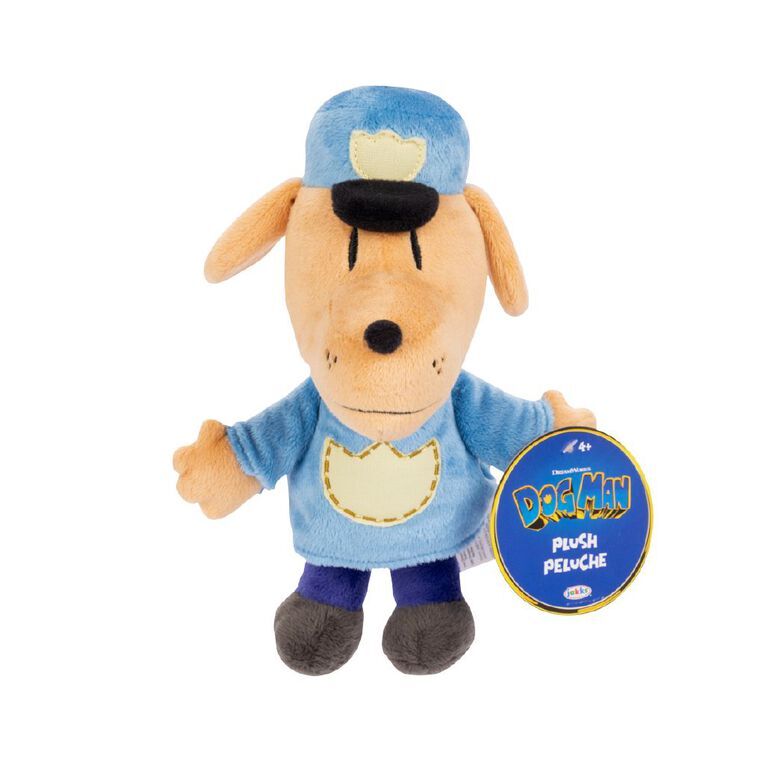 Vue latérale du jouet peluche Dogman 25cm montrant sa texture douce