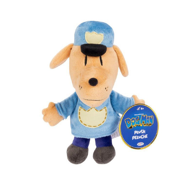 Vue latérale du jouet peluche Dogman 25cm montrant sa texture douce