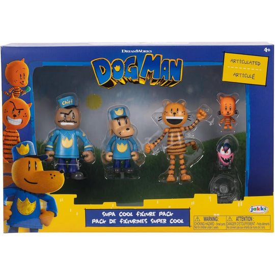 Cinq figurines Dogman alignées, illustrant la variété des personnages inclus dans le pack