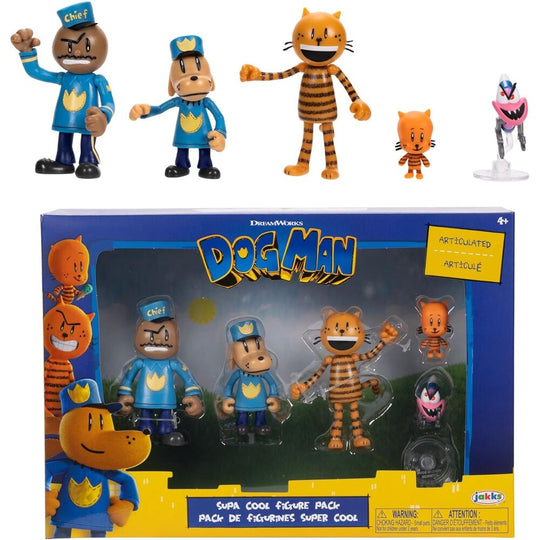 Vue d'ensemble du pack Dogman avec 5 figurines de 6cm de JAKKS PACIFIC sur fond blanc