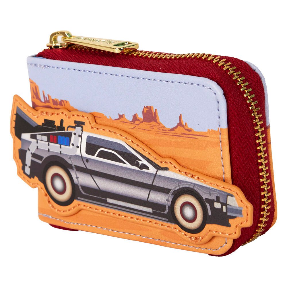 Packaging officiel du porte-cartes accordéon LOUNGEFLY Retour vers le Futur édition 40e anniversaire.