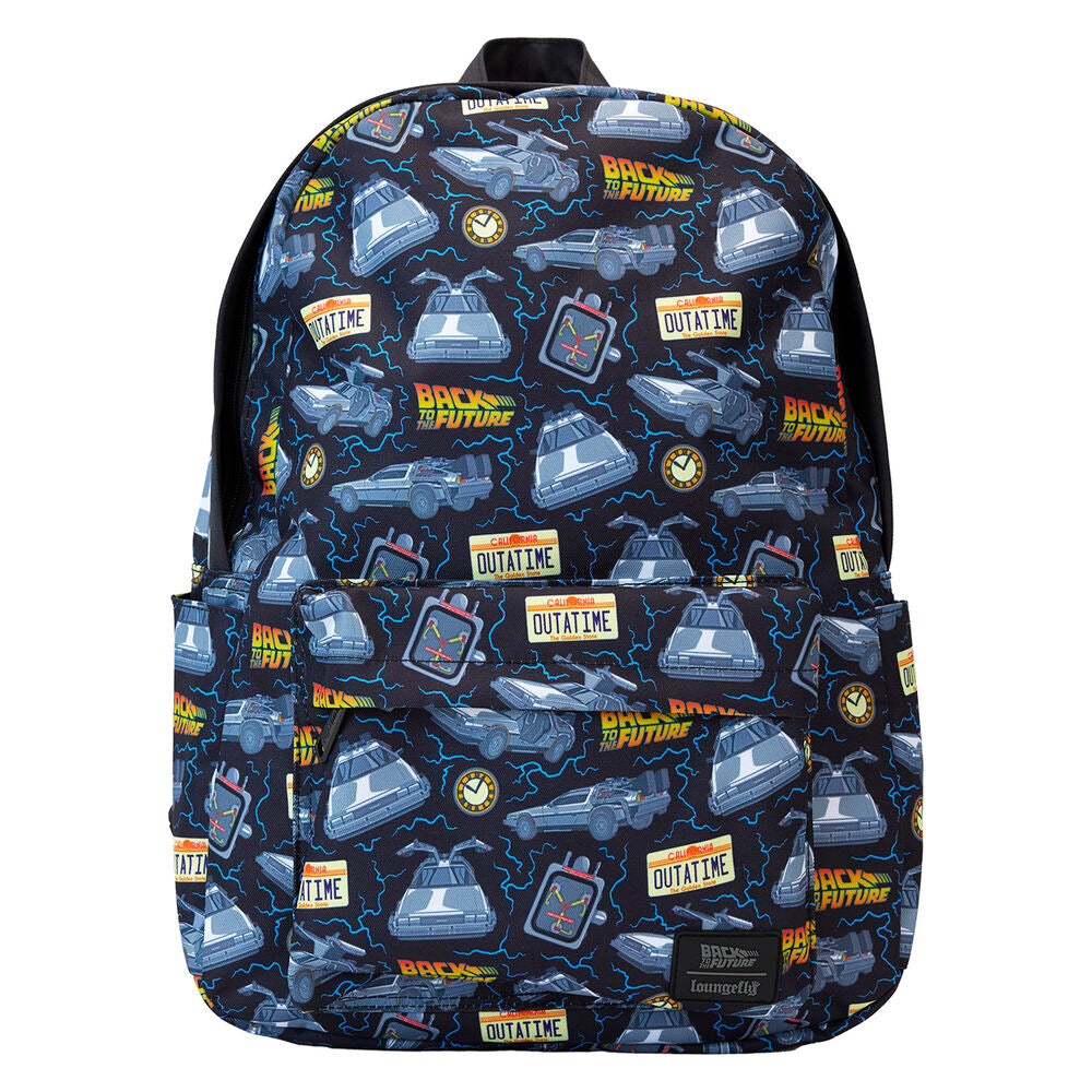 Sac à dos Loungefly Back to the Future 40e anniversaire vue de face en nylon noir avec logo coloré