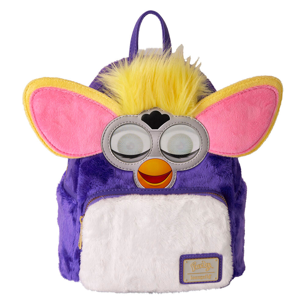 Sac à dos Loungefly Furby en simili cuir vegan vue de face avec détails dorés brillants