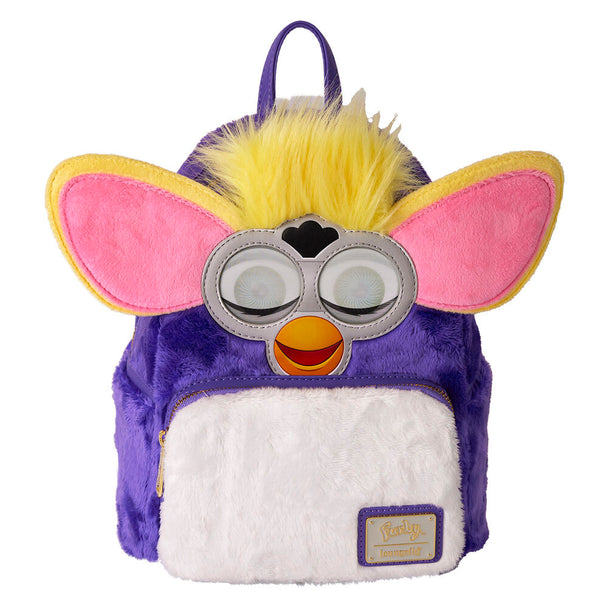 Sac à dos Loungefly Furby en simili cuir vegan vue de face avec détails dorés brillants
