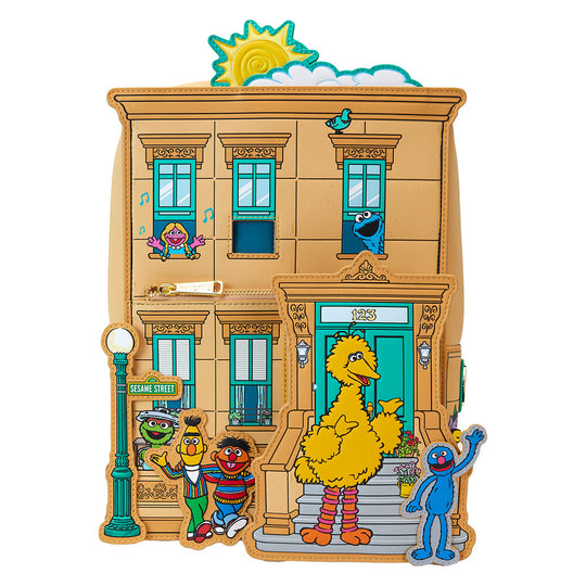 Vue avant du sac à dos Loungefly Sesame Street Corner en cuir vegan avec fermeture éclair et pendentif silicone