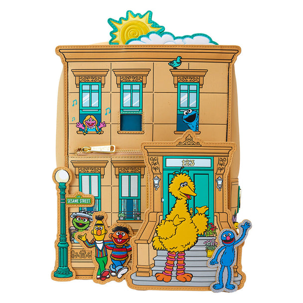 Vue avant du sac à dos Loungefly Sesame Street Corner en cuir vegan avec fermeture éclair et pendentif silicone