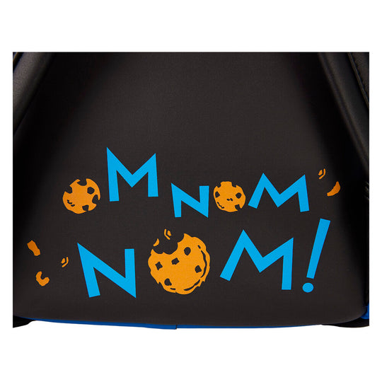 Vue d’ensemble du sac à dos et de la pochette assortie Cookie Monster en peluche