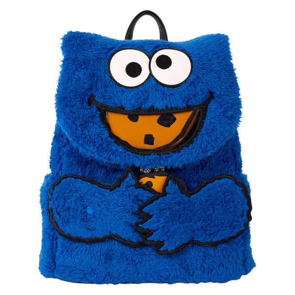 Sac à dos Loungefly Cookie Monster en peluche vue de face avec détails brodés et cuir vegan