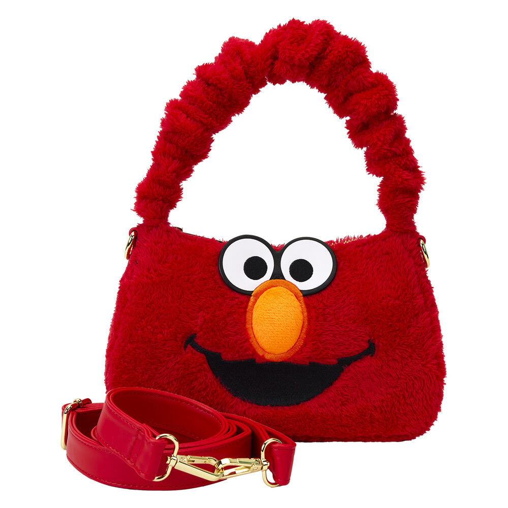 Vue avant du sac à dos Loungefly Elmo Sesame Street en peluche avec détails en cuir vegan et bandoulière ajustable
