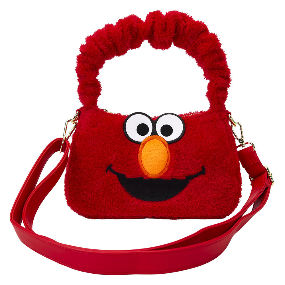 Gros plan sur la texture en peluche rouge vif et les finitions en cuir vegan du sac Loungefly Elmo