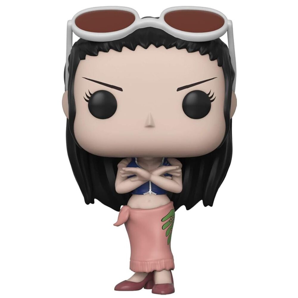 Zoom sur la figurine Funko POP Nico Robin avec détails précis du visage et costume typique de One Piece