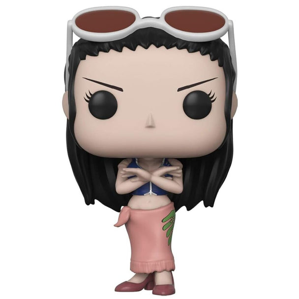 Zoom sur la figurine Funko POP Nico Robin avec détails précis du visage et costume typique de One Piece