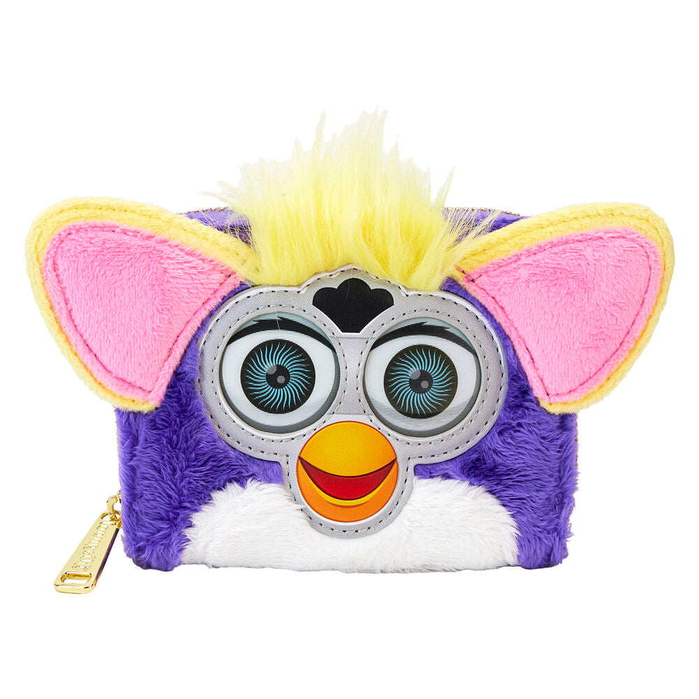 Portefeuille Loungefly Furby en cuir synthétique vegan avec fermeture éclair dorée sur fond blanc