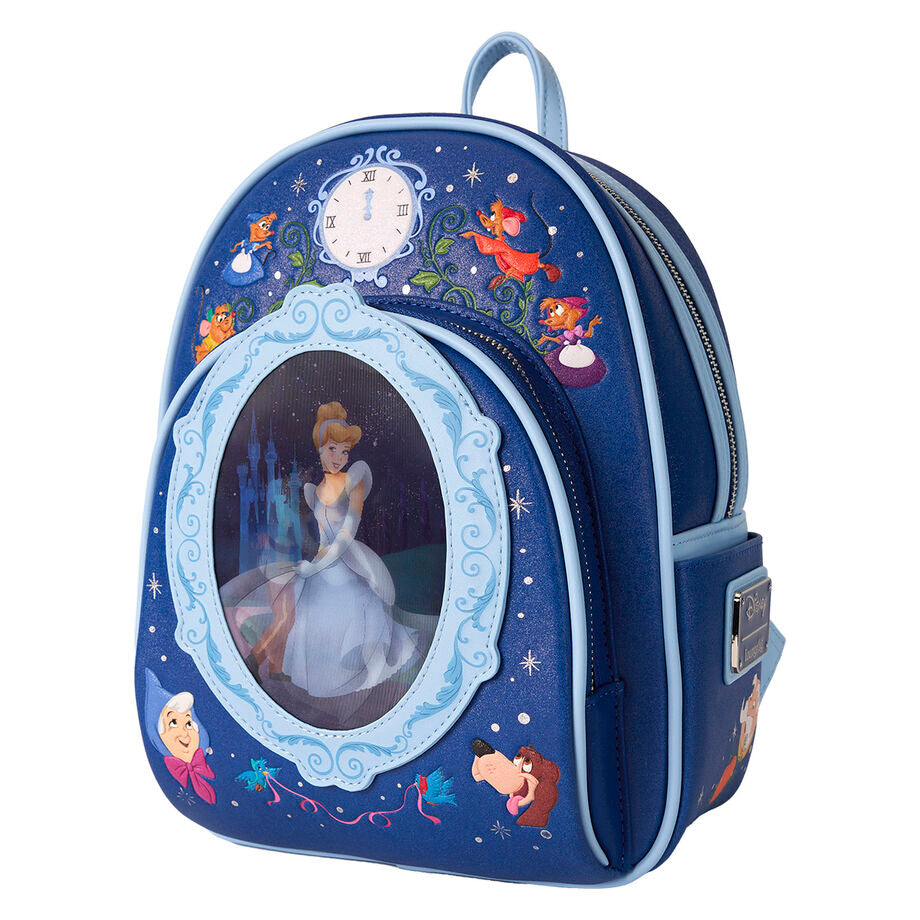 Vue latérale du sac à dos Loungefly Cendrillon montrant les bretelles ajustables et rembourrées en simili cuir