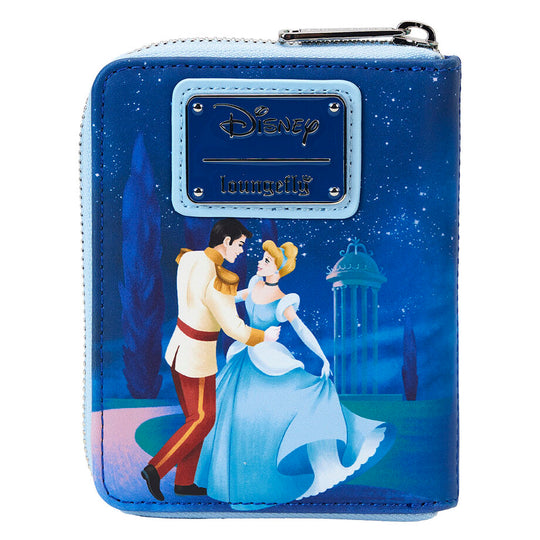 Image du portefeuille Loungefly Cendrillon 75e Anniversaire montrant la fermeture zippée et le logo argenté
