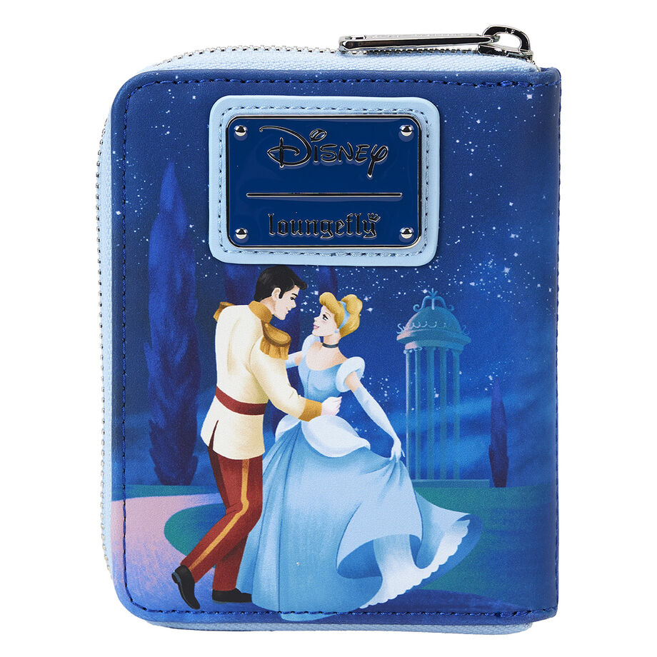 Image du portefeuille Loungefly Cendrillon 75e Anniversaire montrant la fermeture zippée et le logo argenté