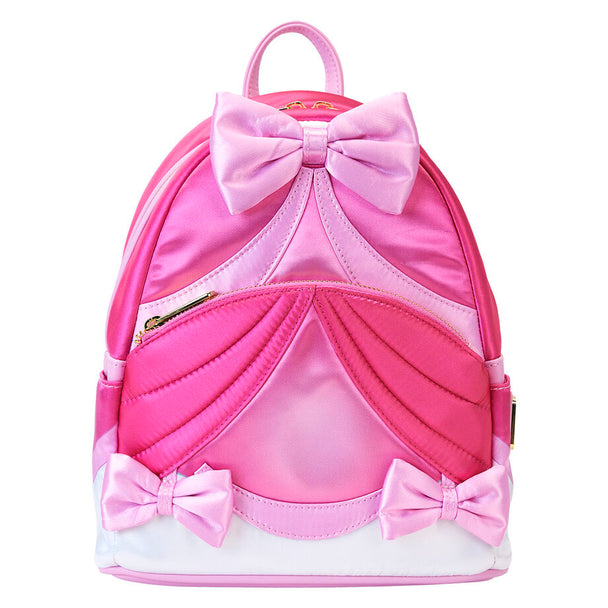 Vue de face du sac à dos Loungefly Disney Cendrillon 75e Anniversaire en cuir vegan avec nœud 3D et détails dorés