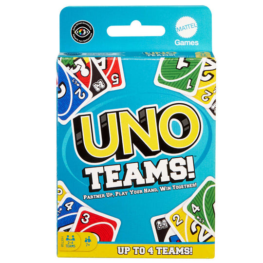 Boîte du jeu de cartes UNO Teams de MATTEL avec illustration colorée