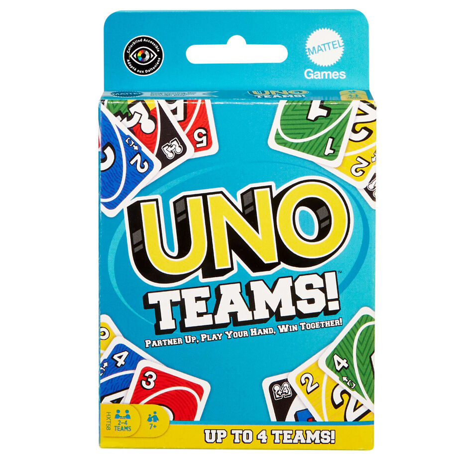Boîte du jeu de cartes UNO Teams de MATTEL avec illustration colorée