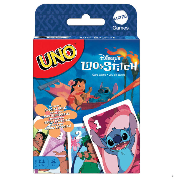 Boîte du jeu de cartes UNO édition Lilo & Stitch Disney par MATTEL avec illustrations colorées