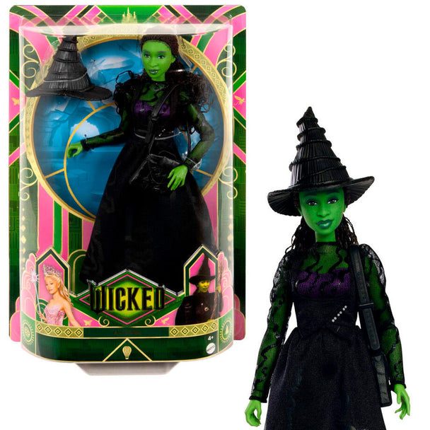 Poupée Elphaba Thropp MATTEL en tenue amovible inspirée du film Wicked avec sac d'étudiant et chapeau