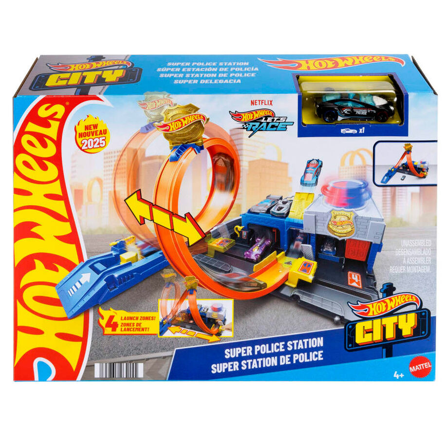 Vue d'ensemble du circuit Hot Wheels City Super Police Station avec voiture de police métal 1:64 sur la piste.
