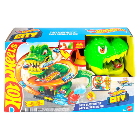 Vue d'ensemble du circuit Hot Wheels City T-Rex Blaze Battle avec le dinosaure et le camion de pompiers en action