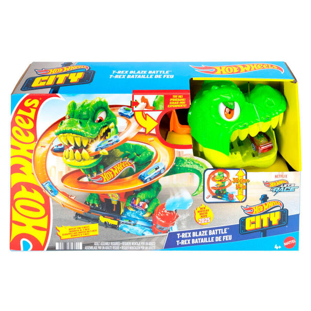 Vue d'ensemble du circuit Hot Wheels City T-Rex Blaze Battle avec le dinosaure et le camion de pompiers en action