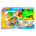 Vue d'ensemble du circuit Hot Wheels City T-Rex Blaze Battle avec le dinosaure et le camion de pompiers en action