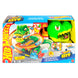 Vue d'ensemble du circuit Hot Wheels City T-Rex Blaze Battle avec le dinosaure et le camion de pompiers en action