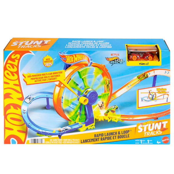 Vue rapprochée du mécanisme en forme de roue pour lancer la voiture Hot Wheels sur le circuit acrobatique Rapid Launch & Loop.