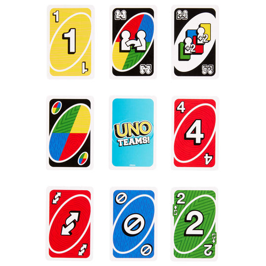 Cartes UNO Teams montrant les couleurs et chiffres pour jouer en équipe