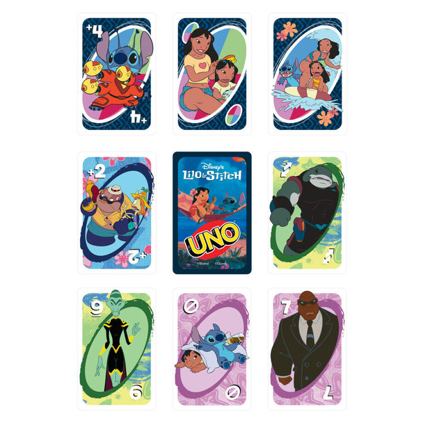 Cartes UNO avec personnages Lilo & Stitch et scènes du film Disney visibles sur la table
