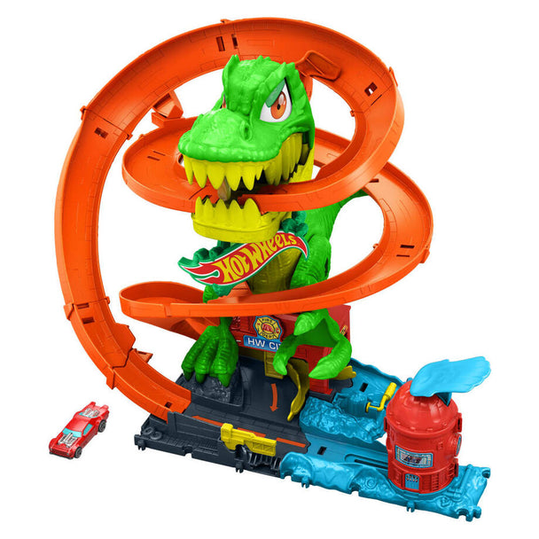 Gros plan sur le dinosaure T-Rex avec ses yeux tournants et ses bras mobiles sur le circuit Hot Wheels