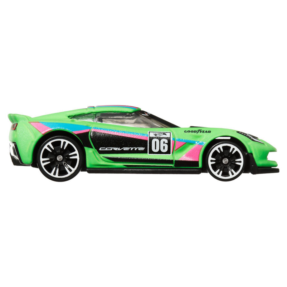 Voiture miniature Hot Wheels néon verte avec roues détaillées et carrosserie brillante