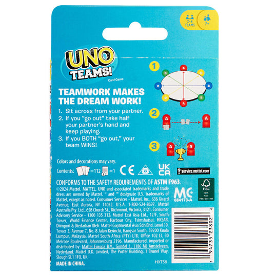 Vue d'ensemble du contenu du jeu UNO Teams avec cartes et règles